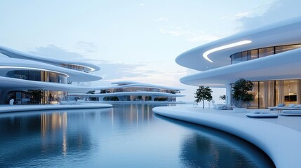 Architect project concept. Modern futuristic architecture featuring sleek structures and serene water reflections.