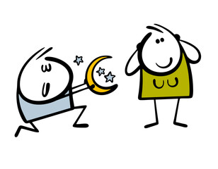 Romantic stickman got down on one knee and asks for the hand of a beautiful girl. Vector illustration of a man taking out the moon from the sky as a gift. Funny characters on white background.v