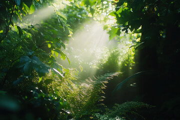 Obraz premium Sunlight filters through lush greenery in a serene forest setting.