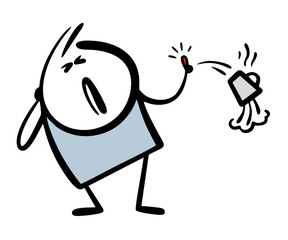 Doodle poor boy burned his finger on a cup of hot drink. Vector illustration of a child suffering, shaking his hand, experiencing burn pain. Cartoon character on white background.