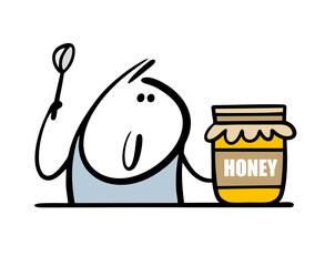 Happy child sits at the table with a spoon and opens a jar of honey. Vector illustration of a sweet healthy dessert from bees. Funny hungry character on white background.