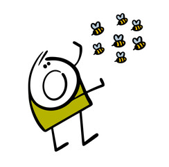 Swarm of wild bees attacks the unfortunate stickman. Vector illustration of a terrified man escaping from stinging insects. Honey thief at the apiary. Funny character on white background.