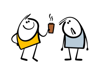 Cheerful colleague treats you to hot coffee. Vector illustration of a couple of funny people, depression and loss of strength in a friend. Cartoon characters and hot drink  on white background.