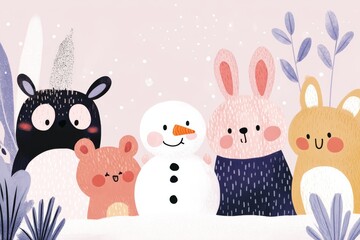 Obraz premium A whimsical illustration of a group of cute forest animals building a snowman together.
