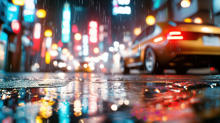 cinematic street level view of rainy urban night with blurred neon lights, yellow car in motion, and reflections on wet pavement creating vibrant atmosphere