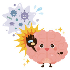 ウイルスを薬剤で治療して元気になる脳のキャラクターイラスト