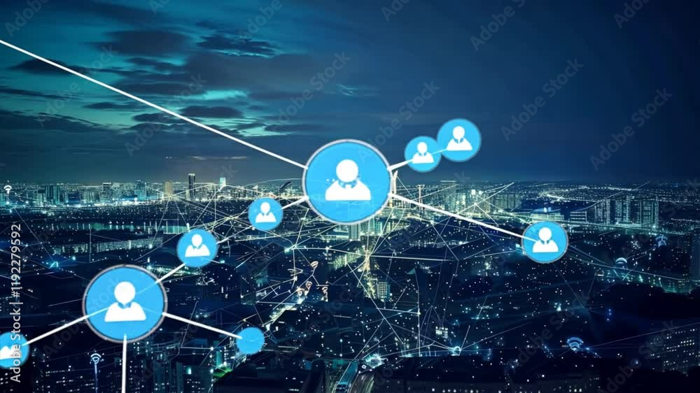 Poster connecting people through digital technology and communication in urban skyline at night, showcasing