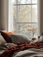 Cozy autumn bedroom scene with warm-toned bedding and natural light streaming through a window.