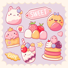 Set of stickers with cute dessert in kawaii style. Cake, muffin, cupcake with whipped cream and strawberry. Inscription Cute, Sweet. Can be used for t-shirt print, sticker, greeting card. Vector EPS8