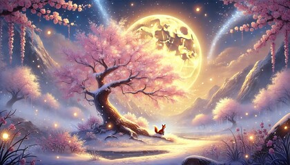 A serene fantasy landscape featuring a snow-covered cherry blossom tree, soft petals drifting under golden moonlight, blending winter and spring in a pastel palette.