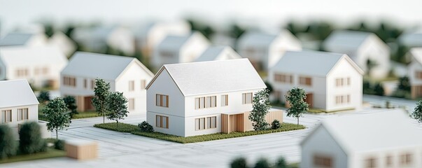 Architect blueprint idea. Miniature model of suburban houses in a peaceful neighborhood with greenery.