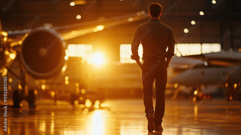 Wall mural technician walking in aircraft hangar during sunset, reflecting on work