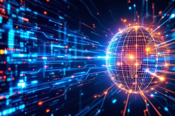 Obraz premium Vibrant illustration of a glowing globe with data connections, digital-style visuals, on a vivid blue background, concept of global technology network. Ai generative