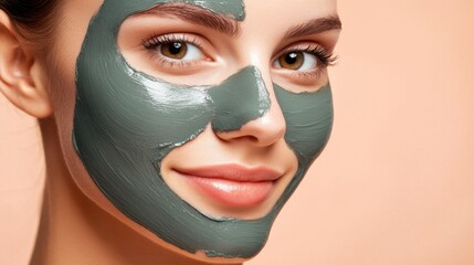 A close-up of a woman with a clay mask on her face on a peach-colored background