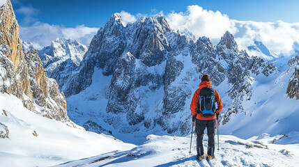 Breathtaking snow-capped mountain vista with a hiker in the Dolomites at sunrise