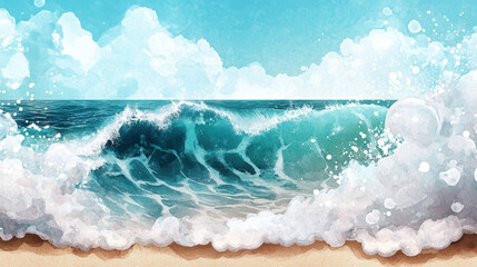 Fototapeta premium vibrant ocean wave crashes onto sandy shore under bright blue sky, with white foam and splashes creating dynamic and refreshing scene