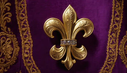 Golden fleur-de-lis on rich purple velvet background.