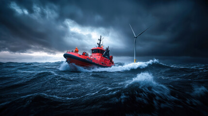 Naklejka premium rescue vessel navigates turbulent waters near wind turbine, showcasing bravery