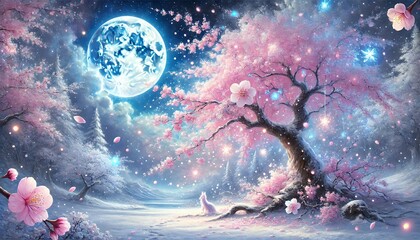 Obraz premium Ethereal Night of Cherry Blossoms and Snow Bathed in Sapphire and Pink Moonlight