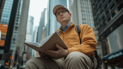Young researcher studying in urban environment. Great for education, academic research, or urban study programs