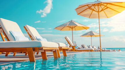 Fototapeta premium serene infinity pool with wooden lounge chairs and umbrellas overlooks bright blue ocean under sunny sky, evoking relaxation and luxury