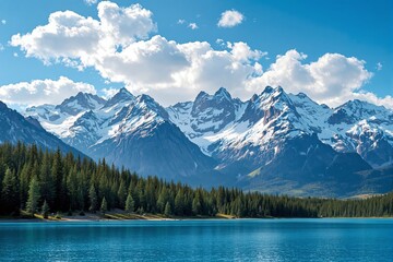 Snow-covered mountains, lush evergreen trees, and a tranquil turquoise lake under a bright sky with clouds, showcasing serene natural beauty. Ai generative