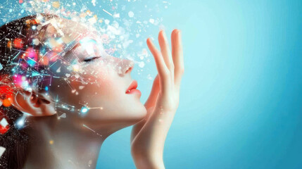 Fototapeta premium Abstract depiction of woman merging with digital data, showcasing vibrant colors, glowing particles, and futuristic concept of technology and human connection