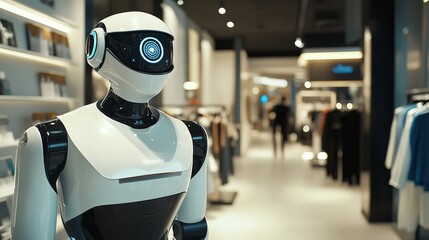 A futuristic robotic assistant providing personalized virtual shopping experiences in a sleek retail space, clean and stylish environment with a focus on retail technology, Retail style