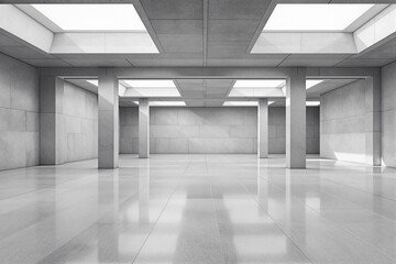 Open minimalistic room with concrete walls, skylights, and glossy flooring, offering a clean modern design and emphasizing light and geometry. Ai generative