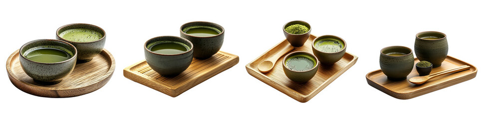 Matcha tea served on a wooden tray isolated on white background. Mix Collection Png.