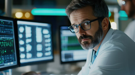 focused scientist in laboratory setting analyzes data on multiple computer screens, showcasing advanced bioinformatics and research technology. environment is illuminated with modern equipment