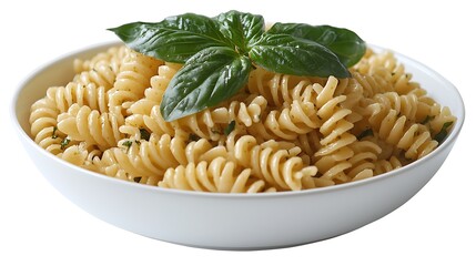 A Bowl of Rotini Pasta with Pesto and Fresh Basil.