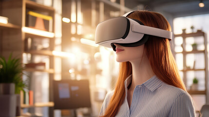 woman wearing virtual reality headset in modern office, exploring immersive technology for professional purposes, with sunlight streaming through window
