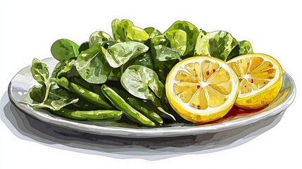 A stylized illustration of a vibrant green salad with spinach, green beans, and lemon slices on a plate.