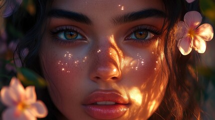 Obraz premium Golden Hour Beauty Woman Flowers Face Closeup