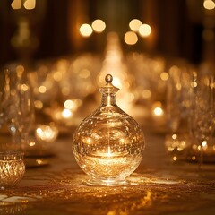 An exquisite party favor glowing softly in a room filled with golden decor.