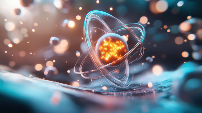 glowing atomic structure with neon energy rings and particles, symbolizing quantum computing and futuristic technology, set in vibrant, abstract background