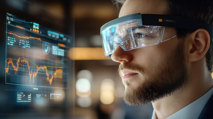 man wearing augmented reality glasses analyzes financial data and stock market trends displayed on futuristic digital interface, showcasing innovation in financial technology
