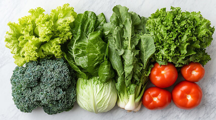 Fresh assortment of green vegetables and ripe tomatoes on a marble surface