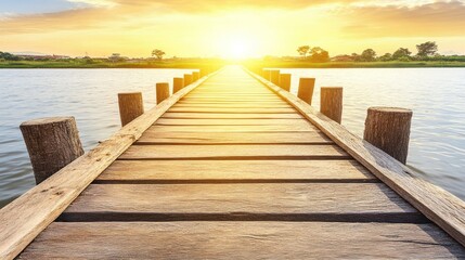 Obraz premium Wooden bridge over water at sunset.