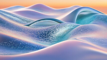 Abstract pastel-colored 3D rendering of smooth, flowing waves with icy textures and sunset backdrop.