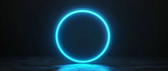 Bright blue glowing circle illuminated on a dark reflective surface during an artistic light display