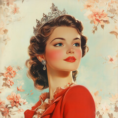 vintage pin-up illustration of glamorous woman with crown and red lips