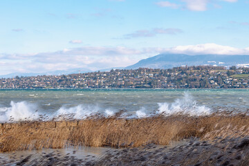 grosse bise hivernale  sur le lac Léman