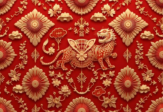 3d festive ornament for chinese new year decoration. Antique gold, red and tiger abstract Asian vector motif. Japanese pattern in traditional oriental geometric style.