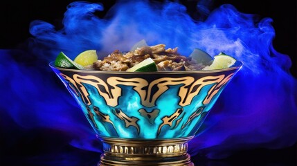 Aromatic smoky dish in ornate bowl with lime.