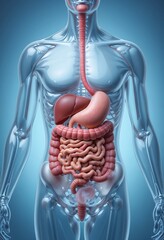 Detailed anatomical illustration of gastrointestinal organs affected by amyloidosis in a transparent human body silhouette.