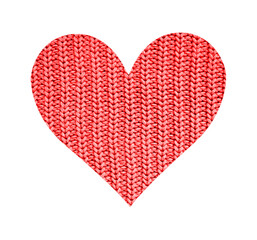 The heart is filled with a knitted texture. Red color. Isolated on white background. Uniform vertical stitches. Valentine's Day. Love. Romance. Wedding.