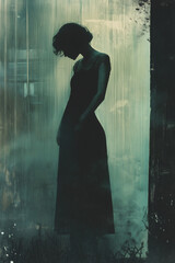 painting of a silhouette of woman in dress against window with moody teal artistic atmosphere