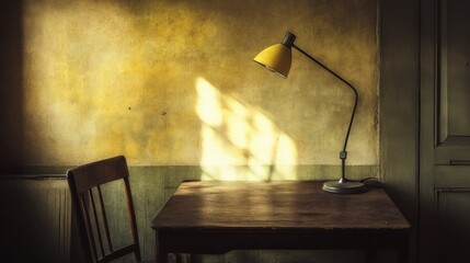Sunlit desk with vintage lamp and chair in a rustic room.